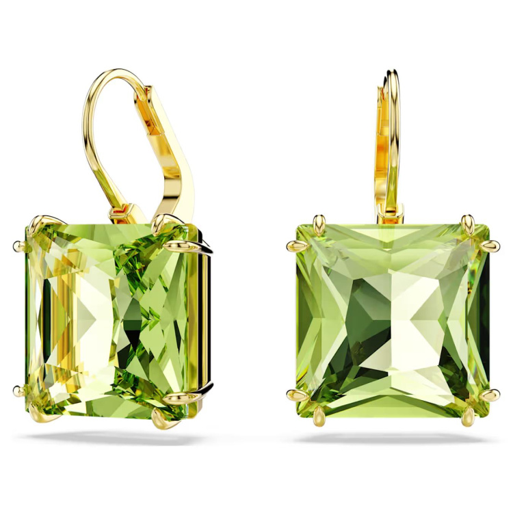 Millenia drop earrings, Square cut, Green, Gold-tone plated